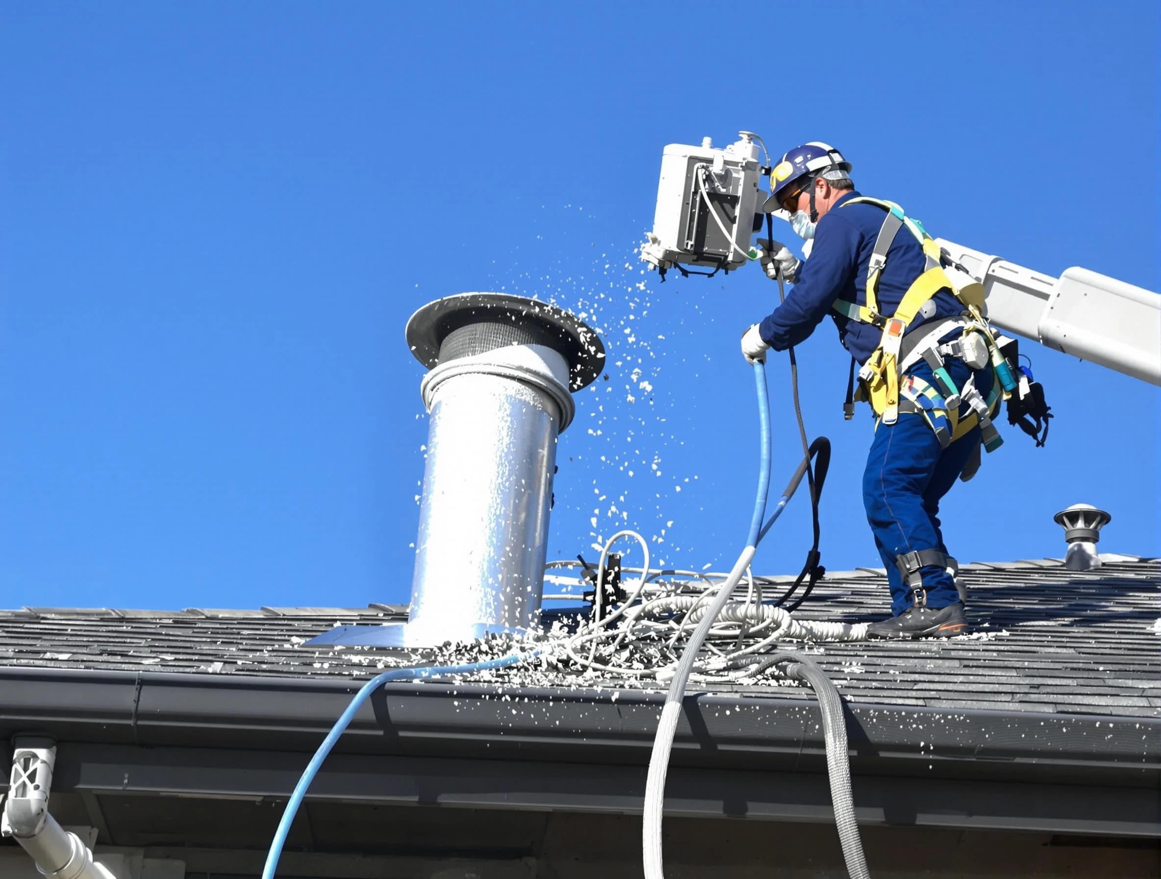Carnot-Moon Dryer Vent Cleaning certified technician safely cleaning a roof-mounted dryer vent in Carnot-Moon