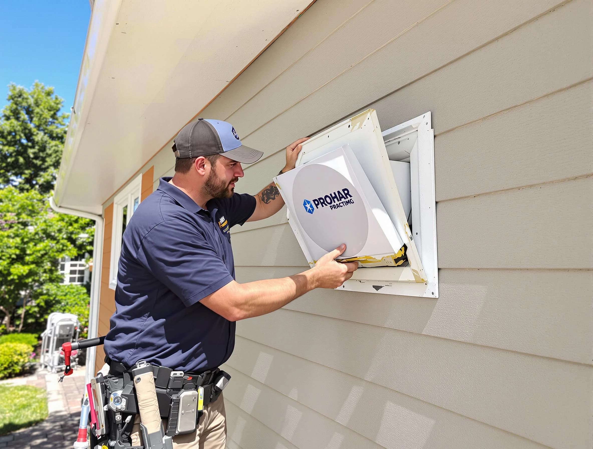 Carnot-Moon Dryer Vent Cleaning technician installing a new protective dryer vent cover on a home in Carnot-Moon