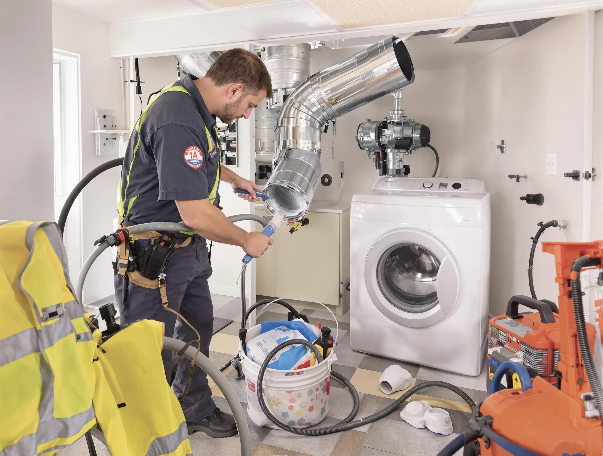 Carnot-Moon Dryer Vent Cleaning technician using specialized equipment to clear severe dryer vent blockage in Carnot-Moon