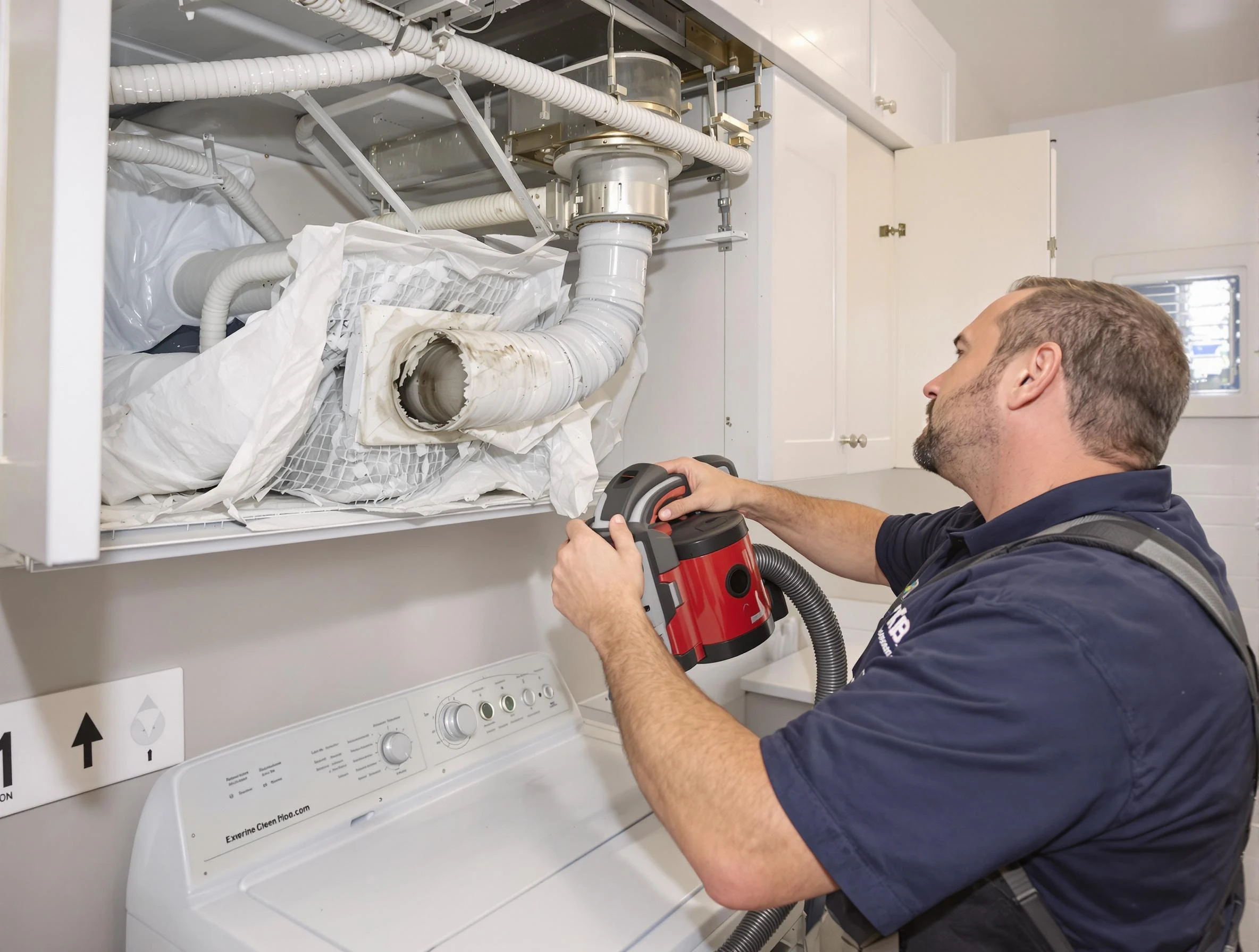 Carnot-Moon Dryer Vent Cleaning technician performing professional exhaust vent cleaning at a residential property in Carnot-Moon